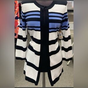 Kasper Striped Open-Front Cardigan Sweater in White, Black & Blue Size Large